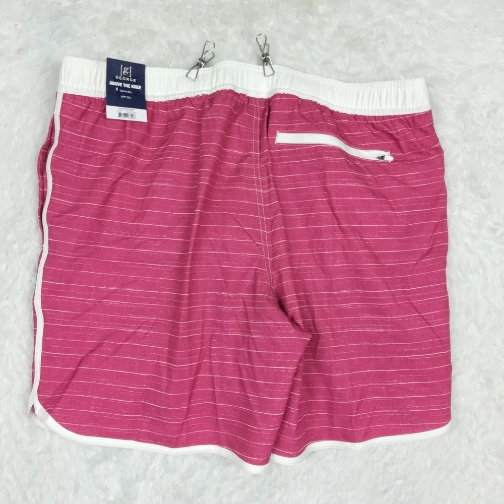 George Mens Swim Trunks Shorts‎ UPF 50+ Dolphin Hem Red Burlap Stripe XL New